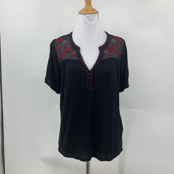 Lucky Brand Boho Blouse Womens S Small Black Embroidered Short Sleeve Semi Sheer - Picture 2 of 15